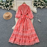 Robes pour femmes, robe en dentelle vintage, robe à manches lanternes creuses, robe à nouer à la taille, robe boutonnée, robe élégante pour femmes