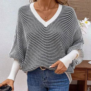Suéter de Punto Holgado con Cuello en V, Manga Murciélago y Diseño de Parches a Rayas para Mujer, Nueva Colección Otoño/Invierno - Product Image 4