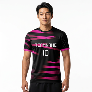 Custom Men's Soccer Jersey Black <b>Pink</b> Striped Sublimated Print Moisture Wicking Short Sleeve Crew Neck Athletic Fit - Product Image 1