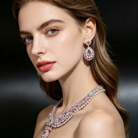 Ensemble de bijoux de mariée XM S263 en plaqué platine de luxe avec zircon cubique rose et imitation perle, collier et boucles d'oreilles pour femmes, cadeau de mariage