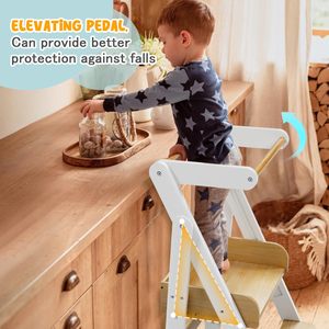 Torre de aprendizaje de madera para niños, torre de aprendizaje de madera de pie plegable para niños pequeños ajustable en rieles de seguridad de <span class=keywords><strong>4</strong></span> alturas - Product Image 2