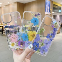 Coque de téléphone transparente en époxy scintillante avec fleurs séchées pressées, qualité supérieure, protection intégrale antichoc en TPU+PC