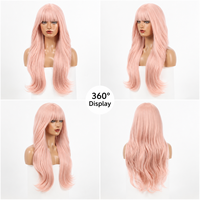 Perruque synthétique ondulée rose pastel longue, résistante à la chaleur, avec frange et bonnet ajustable, effet naturel, directement de l'usine
