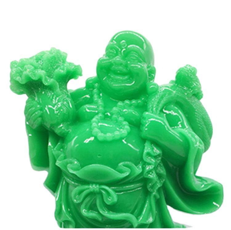 Hot Casting Polyresin Esculpido Verde Maitreya Estátuas Deitado Rindo Bolso Buda Escritório Desktop Bênção Arte