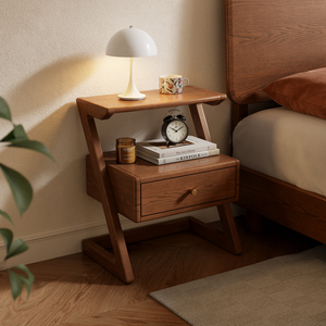 Table de chevet de style vintage en bois massif, table de nuit en forme de Z avec rangement, meubles de chambre à coucher - Product Image 1