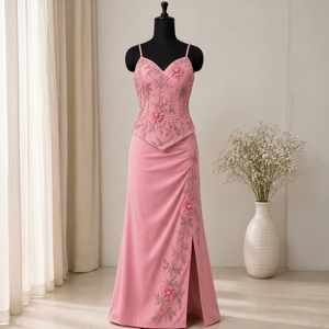 <b>Pink</b> Satin Floral Print Embroidered Mermaid <b>Evening</b> Dress Spaghetti Strap Floor Length <b>Formal</b> Prom Wear Custom - Product Image 1