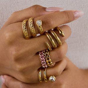 <b>Crystal</b> <b>Rings</b> Set For Women Gold Tone With Zircon Stones Heart Snake Design Everyday Wear Jewelry - Product Image 2