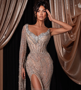 MD50103 Abito da <span class=keywords><strong>Sera</strong></span> su Misura con Cristalli e Perline, Monospalla Sexy con Spacco Alto, Stile Red Carpet per Celebrità - Product Image 3