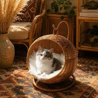 Cesta Suspensa para Gatos em Rattan, Estrutura Oca Respirável, Ideal para Verões Quentes, Essencial para Resfriamento de Animais de Estimação