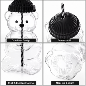 2026 Neue Produkte Niedliche 20oz Rosa Erdbeer-Teddybär Glas-Kaffeetasse Kaltgetränkebecher mit Silikondeckel und Strohhalm für Feiertage - Product Image 6