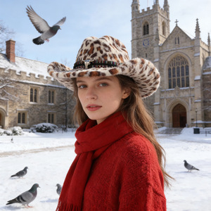 Sombrero de Vaquero de Felpa con Estampado de Leopardo ZhenXi, M56-58cm, con Adorno de Cabeza de Vaca, Estilo Occidental - Product Image 3