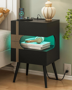 Vertical Slat LED Nightstand with Built-In Charging Station 2 Drawer Open Oval Nook Pine Leg Side <b>End</b> <b>Table</b> for Small Bedroom - Product Image 1