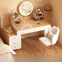 Coiffeuse moderne minimaliste en panneaux de bois avec miroir sur pied, tiroirs et chaise pour chambres féminines - Couleur personnalisable, ensemble complet