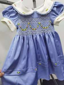 Vestidos Smocked para Niñas, Mayorista de Vestidos Smocked para Bebés, Nuevo Modelo 2022, Azul, Cuello Redondo, Adorno de Encaje - Product Image 3