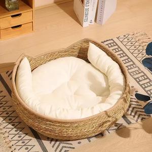 Natuurlijk Materiaal Kattenbed Met Schattige Kattenvorm Afneembaar Wasbaar 4 Seizoenen Gebruiken Geweven Rotan Huisdierkrabpad Veilig Comfort - Product Image 2