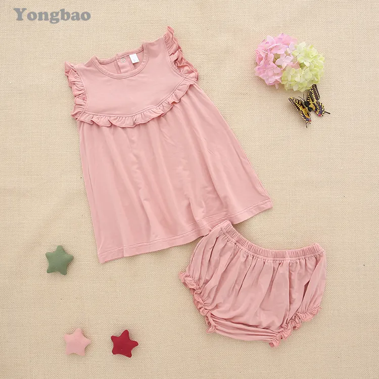 Top sale Cute Baby Girls dress with underwear summer sleeveless solid color ruffle button baby clothing