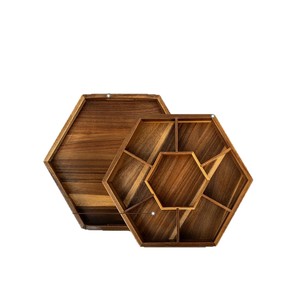 ZEMTAC Solid Wood Hexagonal Serving <b>Tray</b> With Compartment For Nuts Dried Fruits <b>Snacks</b> And Coffee Tea Set - Product Image 4