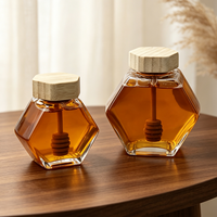 Pot à miel hexagonal en verre couleur personnalisée avec cuillère à miel en bois intégrée, pot à miel de qualité alimentaire avec couvercle en bambou, emballage pour miel