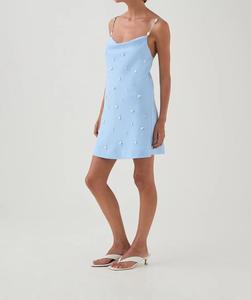 Mini <span class=keywords><strong>Abito</strong></span> in Tessuto Intrecciato con Contrasto in Pizzo <span class=keywords><strong>Azzurro</strong></span>, Vita Naturale, per Vacanze al Mare, Moda Femminile Elegante - Product Image 3