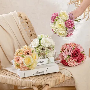 Ramo de rosas artificiales para novia, Hortensia Artificial para boda, venta al por mayor