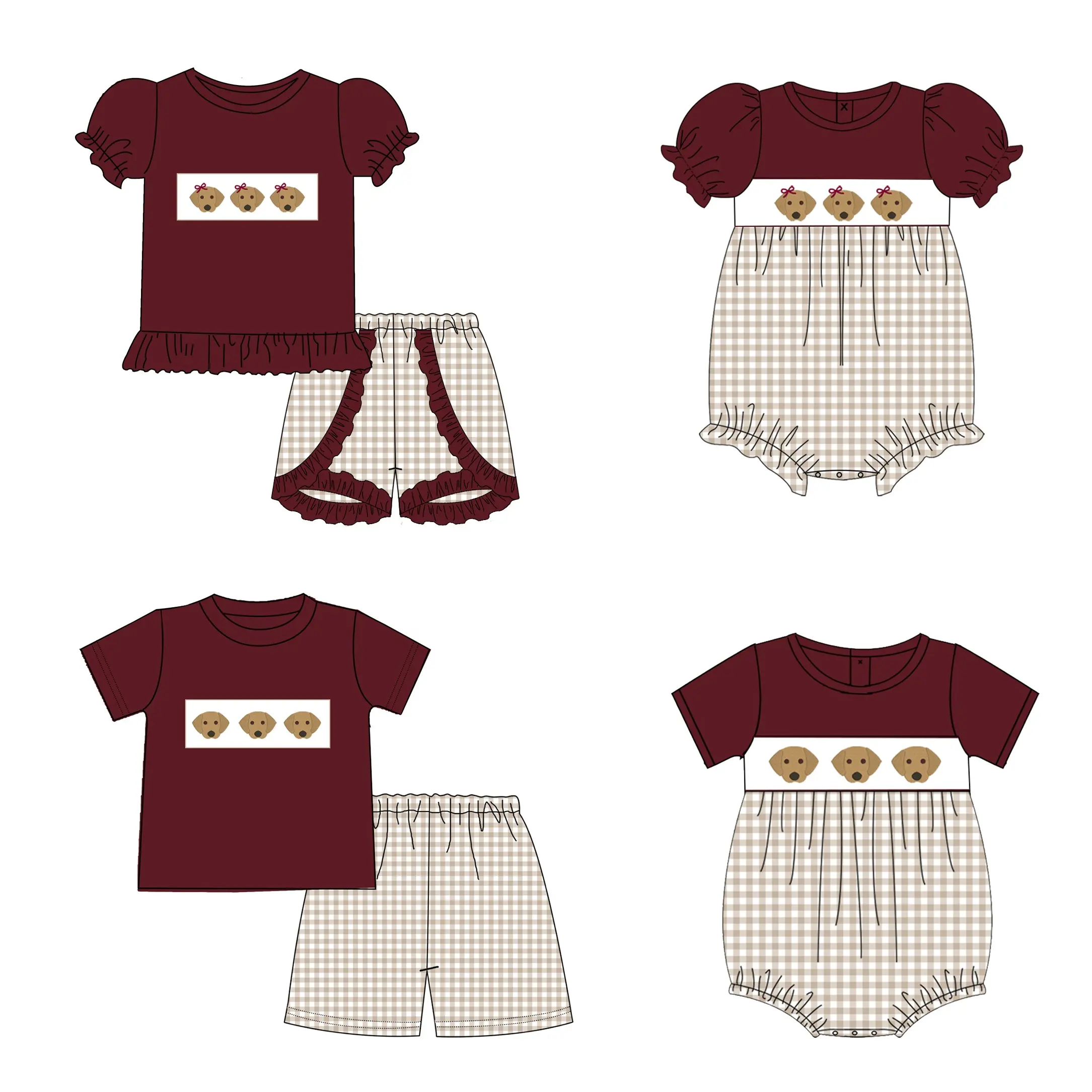 Puresun newest designs summer children clothes maroon color little girl cotton boutique outfits puppy appliques kids outfits