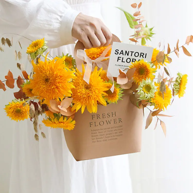 Bunga hadiah tas kertas kraft portabel tahan air karton portabel buket bunga keranjang pemegang kotak tas kemasan untuk bunga