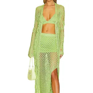 2023 Spring Fashion Custom Beach Clothes Crochet Hollow Long Knitted Cardigan Dress Women's Sweater