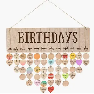 Family Wall Hanging Birthday Calendar Board with 50 Wooden Circle Heart Tags Wooden Birthday Reminder Tracker Plaque