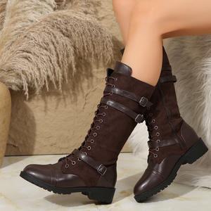 Bottes hautes pour femmes, style européen et américain, à bout rond, en PU et denim patchwork, à lacets, style motard, polyvalentes, tendance, confortables et originales - Product Image 1