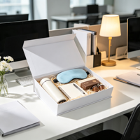 Caja de Regalo Blanca para Oficina con Vaso, Cuaderno, Bolígrafo, Antifaz Azul, Cápsulas de Café, Portapapeles, Juego de Regalo al por Mayor