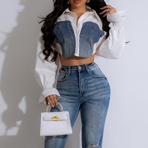 Camisa de Moda para Mujer, Estilo Informal, con Mangas Acampanadas y Detalles en Mezclilla, Diseño Personalizado para Otoño - Product Image 5