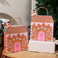 Tas Hadiah Natal Rumah Roti Jahe Kaki Santa Cerobong Asap Pegangan Kertas Terpuntir Pintu Merah Muda Pola Permen Kepingan Salju Kertas Kraft Kue Kering