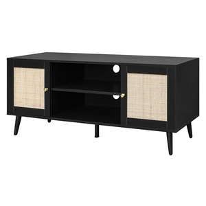Living Room Rattan Furniture Black TV Console Table MDF Wooden Modern Wicker Cane TV Cabinet Stand