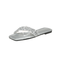 Nouvelles sandales plates à lanières transparentes en strass pour femmes, vente en gros, personnalisables, à bout carré, pour fêtes et plage estivale
