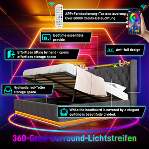 [Almacén en EE. UU.] Cama Tapizada Tamaño <span class=keywords><strong>Queen</strong></span> con Función LED de 360 Grados, Control por Botones/Aplicaciones/Control Remoto, Dropshipping Aceptable - Product Image 2