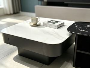 Black <b>White</b> Marble Square Nesting Coffee <b>Table</b> Set, <b>Rounded</b> Corner Storage Drawer & Open Shelf Combination Side <b>Table</b> For Living - Product Image 5