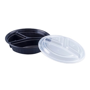 3 Compartment Black Round To Go Boxes Restaurant Takeaway Microwave Containers 48 Oz Plastic Round Food Container