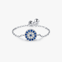 Bagues ajustables en argent sterling 925 avec chaîne à maillons, ornées de zircons cubiques bleus étincelants et de motifs œil protecteur, pour femmes