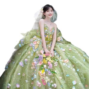 French Style Fairy Wedding Dress Green Pink Ball Gown Sweetheart Neckline Empire Waist Candy Color Tulle Dress - Product Image 5