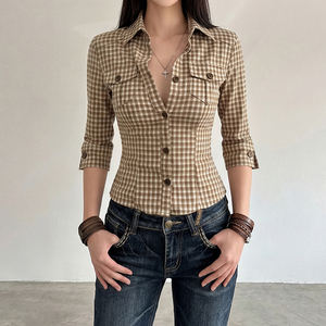 Camisa a cuadros de cintura ajustada para mujer, estilo casual de verano, manga 5/8, cuello con botones, estilo urbano - Product Image 2