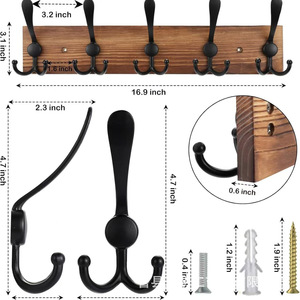Wooden <b>Hook</b> Storage Rack Wall Mounted Coat Rack For Entryway Bedroom Clothes Hanger Burnt Color Durable - Product Image 2
