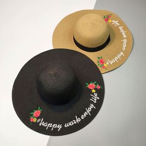 Factory Wholesale Floable Natural <b>Flat</b> Brim Straw <b>Hat</b> Handmade Embroidery Straw <b>Hat</b> - Product Image 3