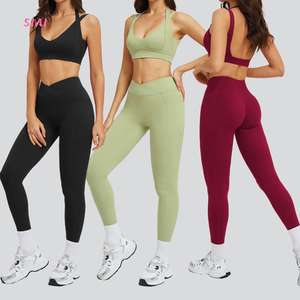 Ensembles de leggings taille haute pour femme avec soutien-gorge dos nu sexy à décolleté plongeant et poches latérales, vente en gros, pour tenues de sport - Product Image 2
