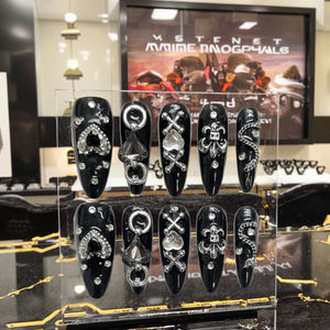 Uñas Postizas de Estilo Gótico Gyaru Hechas a Mano de Tokyo Dark <span class=keywords><strong>Glam</strong></span>, Uñas Falsas Negras de Estilo Punk con Diseños 3D - Product Image 4