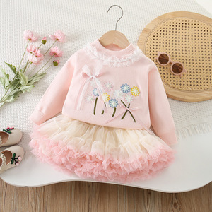 Vêtements pour bébé Automne et Hiver : Ensemble <span class=keywords><strong>pull</strong></span> tricoté à fleurs élégant avec nœud et jupe en <span class=keywords><strong>maille</strong></span>, deux pièces, Vente chaude - Product Image 6