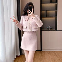 Ensemble 2 pièces élégant pour femme, veste courte à col rond et nœud décoratif, manches longues, et jupe midi, style tweed pour le bureau, automne-hiver