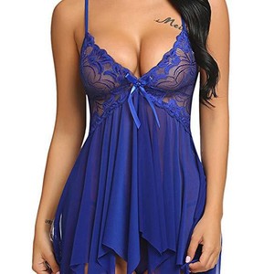 Chemise de nuit sexy en dentelle et résille pour femme, respirante, rouge, col en V, à bretelles, lingerie - Product Image 5
