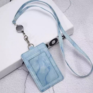 Solid ID PU Strap Dyed PU Hanging Rope And Capsule With <b>Elastic</b> Pull Tab Marble Style Multiple Card Slots For ID Card Holder - Product Image 4