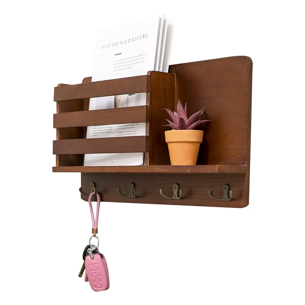 Caja de almacenamiento de madera para llaves, soporte de pared marrón oscuro para llaves