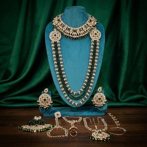 Traditional Heavy Rose Gold Bridal Accessories <b>Set</b> Red Crystal Choker Long Haram Necklace <b>Set</b> with Gemstone Drops - Product Image 3